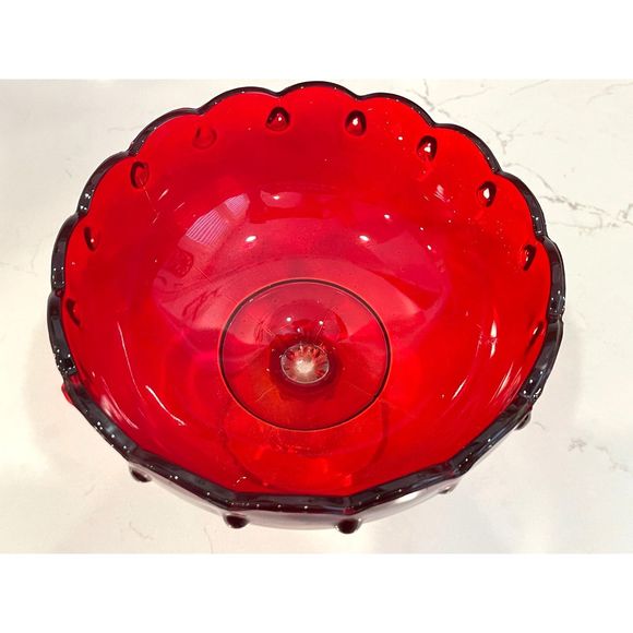 Vintage Indiana Glass Ruby Red Tear Drop Scalloped Pedestal Compote Bowl 7.5" - Picture 6 of 8